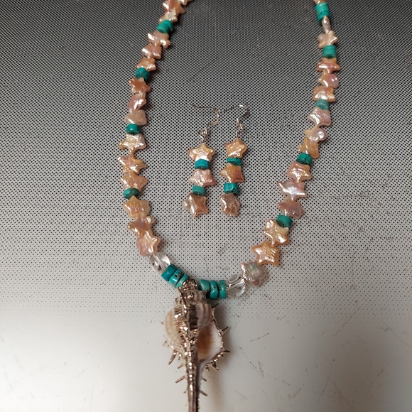 PEARLS FOR 2025 STARRY SKIES necklace pearls turquoise seashell pendant earrings - Picture 3 of 5